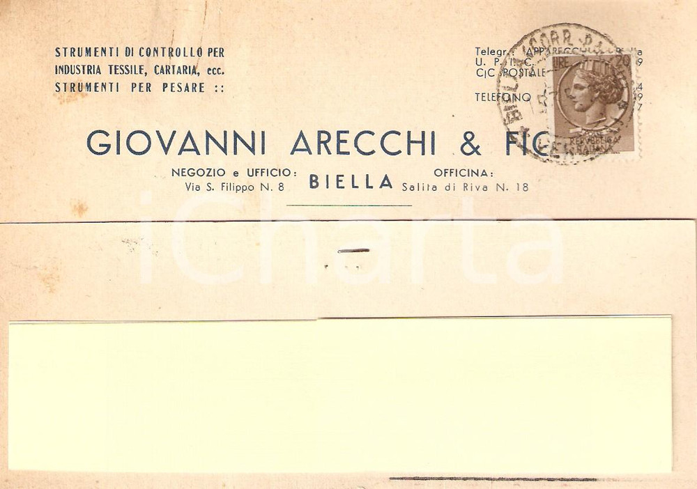 Cartolina originale da collezione 1958 BIELLA Giovanni ARECCHI Strumenti industria tessile Cartolina Commerciale 1