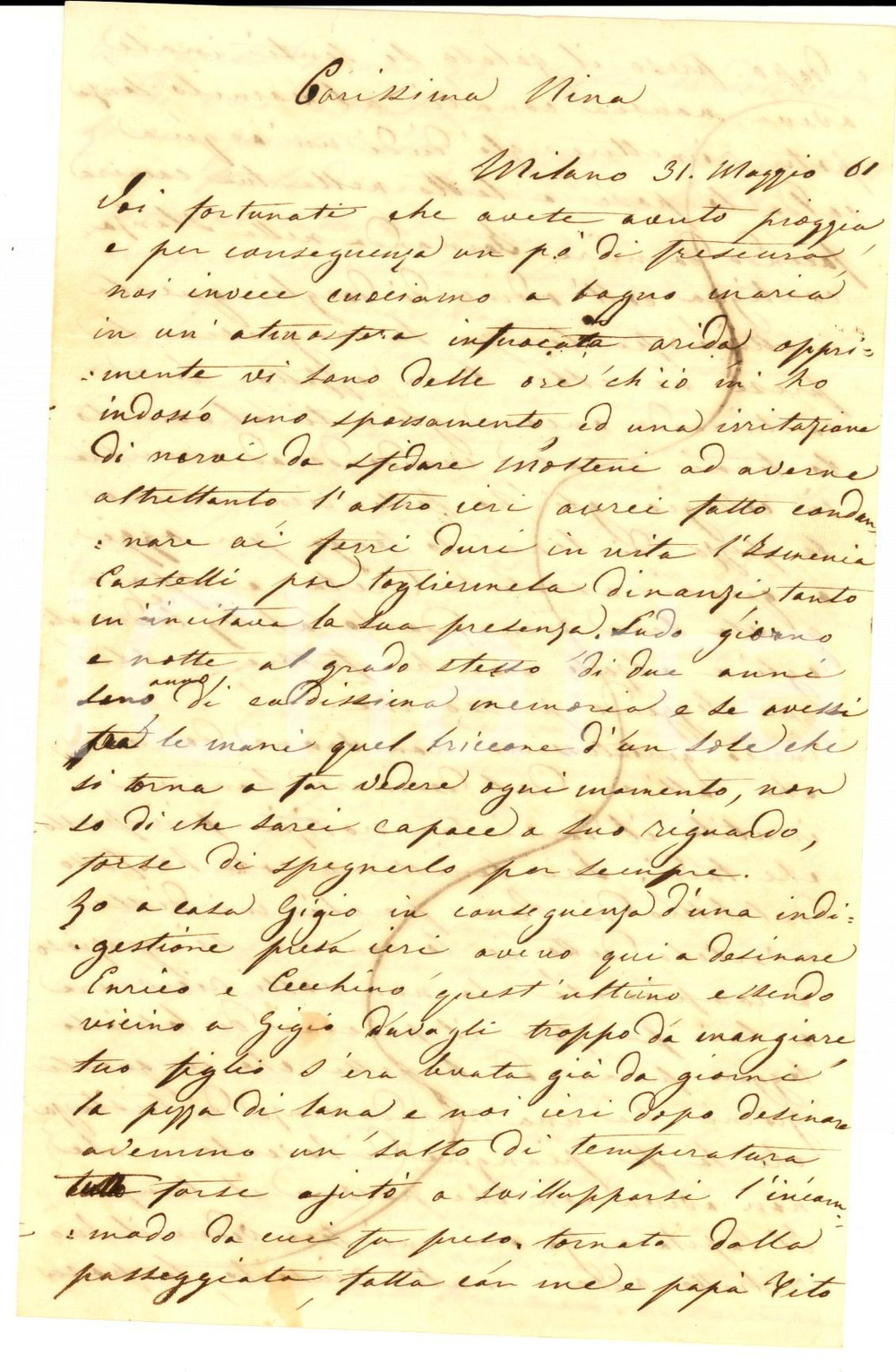 Manoscritto, lettera originale 1861 MILANO Lettera a Giulia GAVAZZI SPERONI dalla sorella con notizie familiari 1