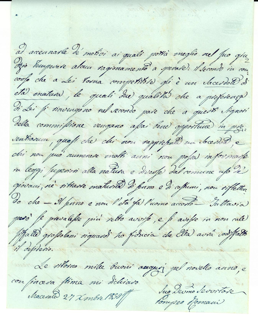 Manoscritto, lettera originale 1850 MACERATA Pompeo ROMANI Il senno e non l età  fa l uomo accorto Autografo 1