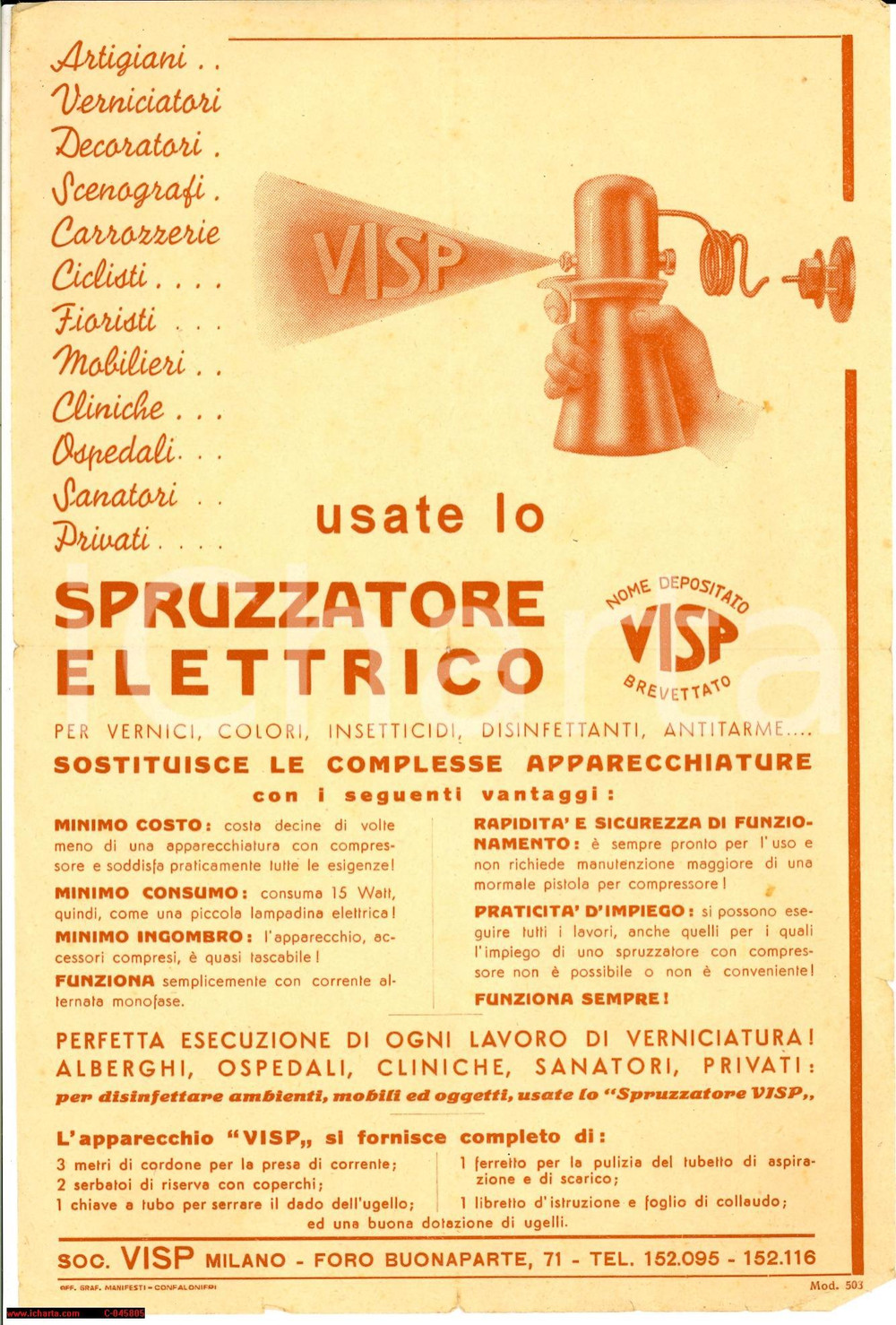 Materiale pubblicitario d’epoca 1930 MILANO Foro Bonaparte 71 Spruzzatore elettrico VISP Volantino pubblicitario 1