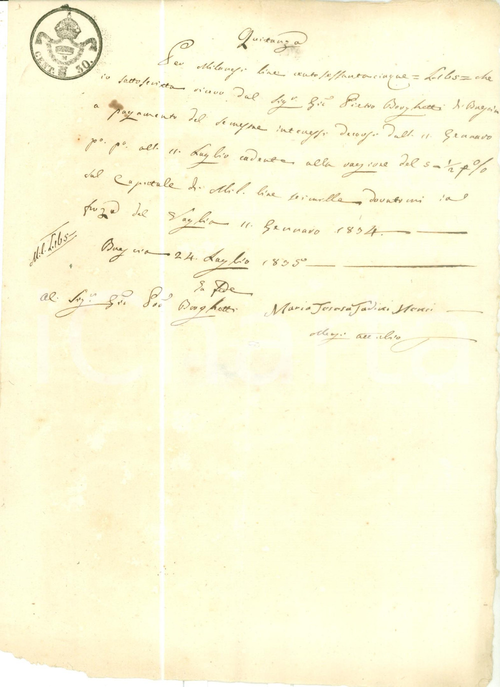 Documento originale, autentico 1835 BRESCIA Maria Teresa TADINI NENCI riceve interessi da Pietro BORGHETTI 1
