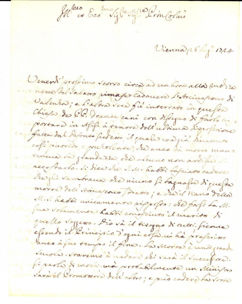 Manoscritto, lettera originale 1724 VIENNA Morte dell'arcivescovo Antonio FOLCH non rimpianto da nessuno 1