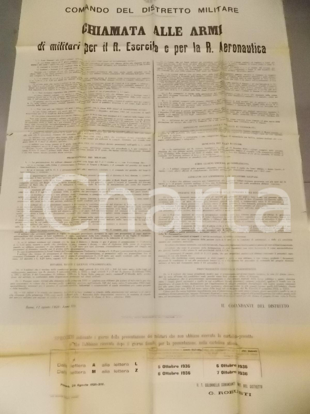 Documento originale, autentico 1936 PESARO Chiamata alle armi ESERCITO ed AERONAUTICA Manifesto 100x140 cm 1