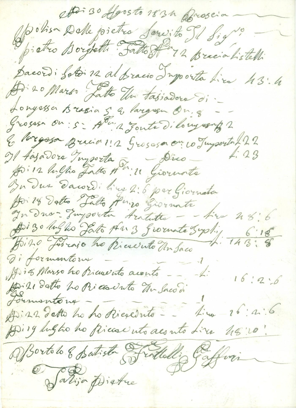 Documento originale, autentico 1834 BRESCIA Bortolo e Battista GAFFURI Conto lavori di carpenteria Fattura 1