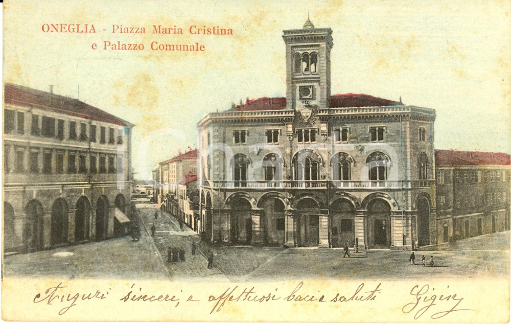 Cartolina originale da collezione 1900 ca ONEGLIA (IM) Piazza MARIA CRISTINA e PALAZZO COMUNALE *Cartolina FP VG 1