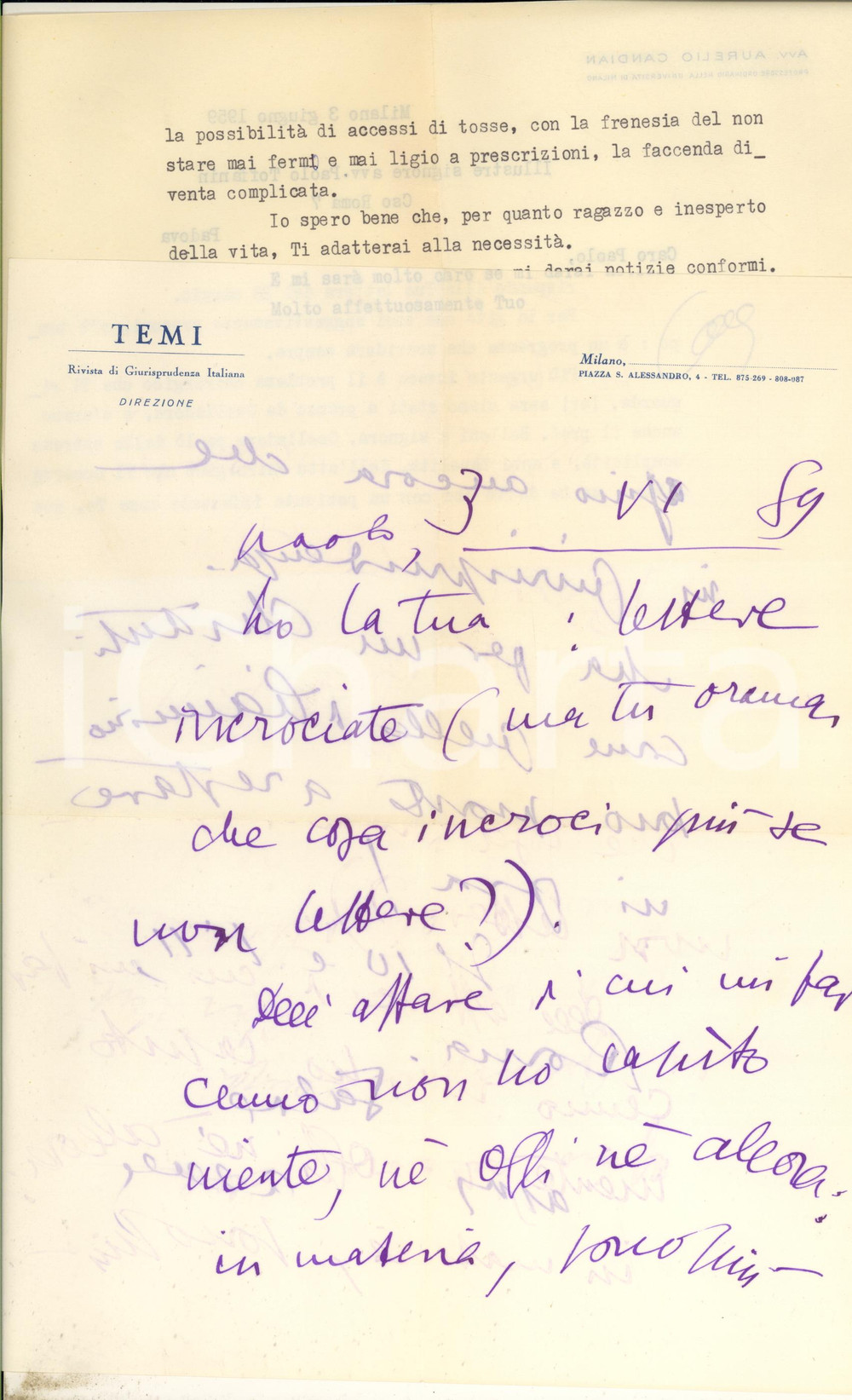 Autografo originale 1959 MILANO Rivista TEMI  Lettera Aurelio CANDIAN a un collega Autografo 1