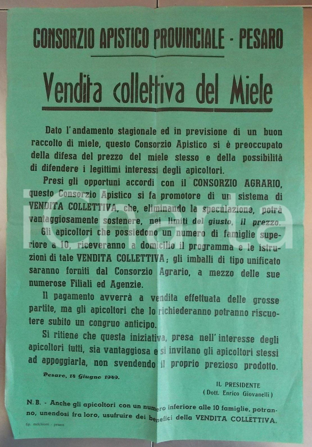 Documento originale, autentico 1949 PESARO Vendita collettiva miele CONSORZIO APISTICO PROVINCIALE Manifesto 1