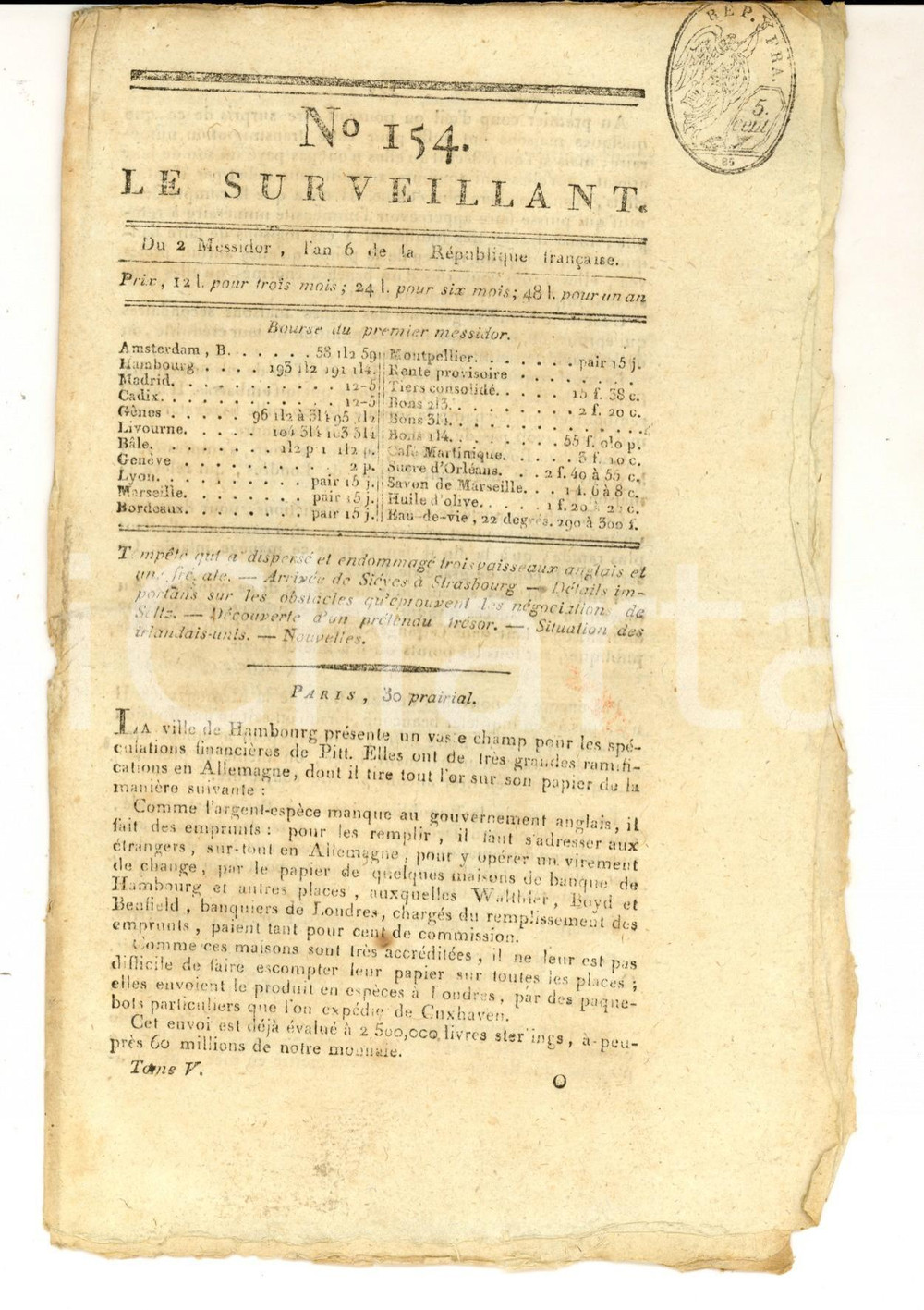 Giornale, rivista storica 1798 LE SURVEILLANT Gazette REVOLUTION ArrivÃ©e de SIEYES Ã  STRASBOURG nÂ°154 1