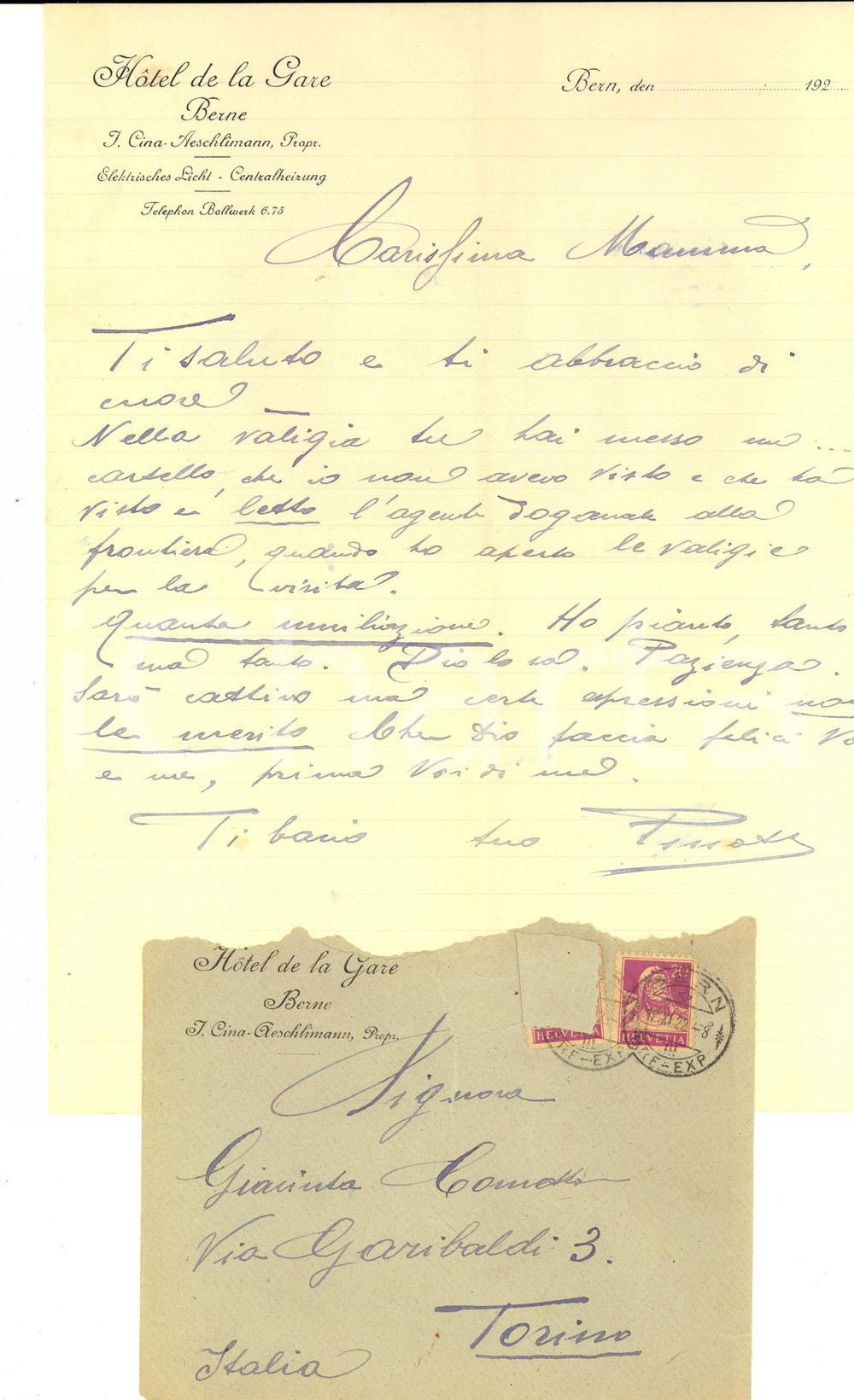 Manoscritto, lettera originale 1922 BERNA CH Lettera Giuseppe COMETTO dall HOTEL DE LA GARE Carta intestata 1