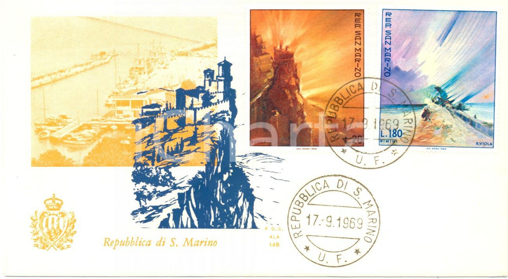 Materiale pubblicitario d’epoca 1969 REPUBBLICA SAN MARINO RIMINI con annullo filatelico BUSTA PRIMO GIORNO 1