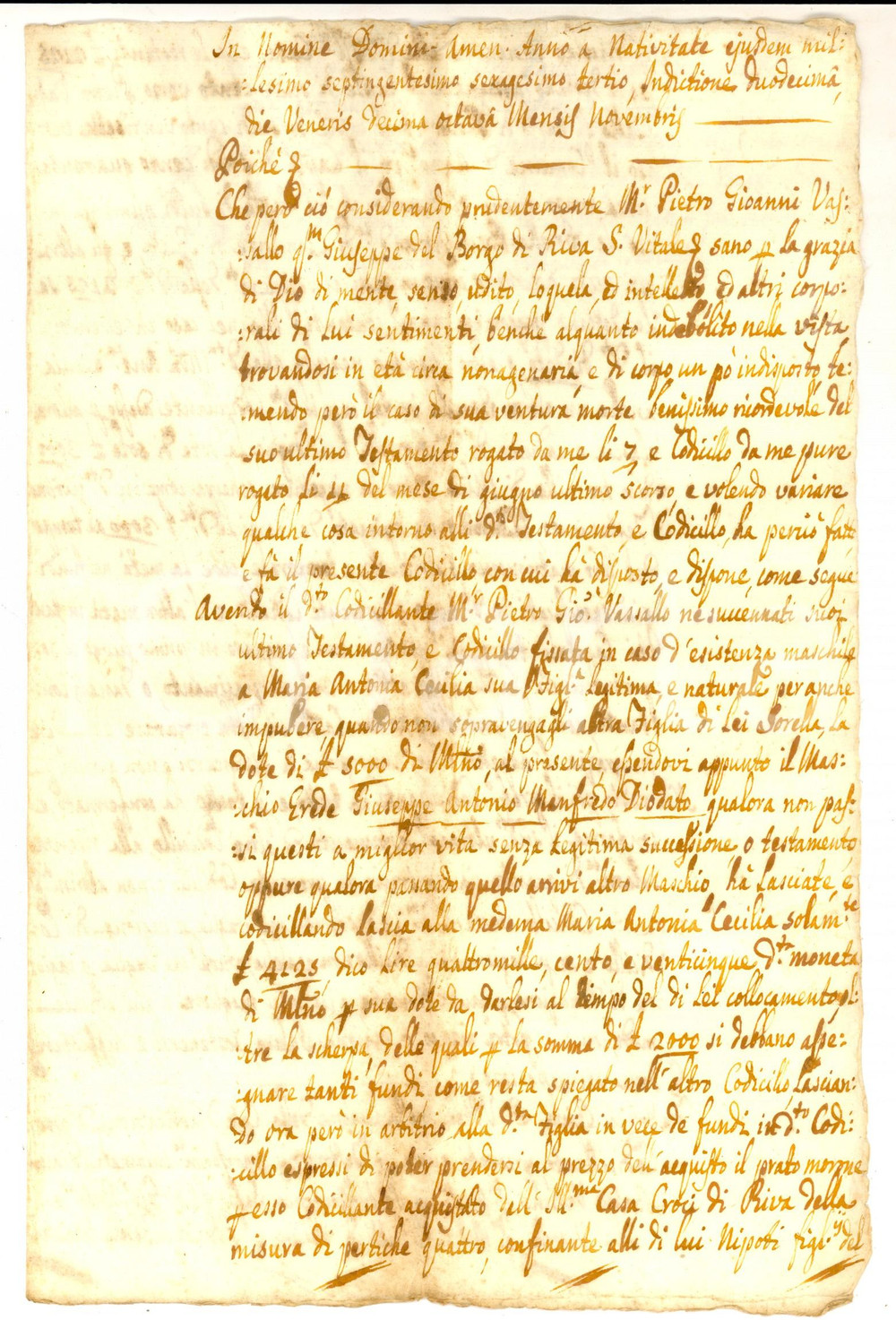 Documento originale, autentico 1763 RIVA SAN VITALE SVIZZERA Codicillo testamento Pietro Giovanni VASSALLO 1
