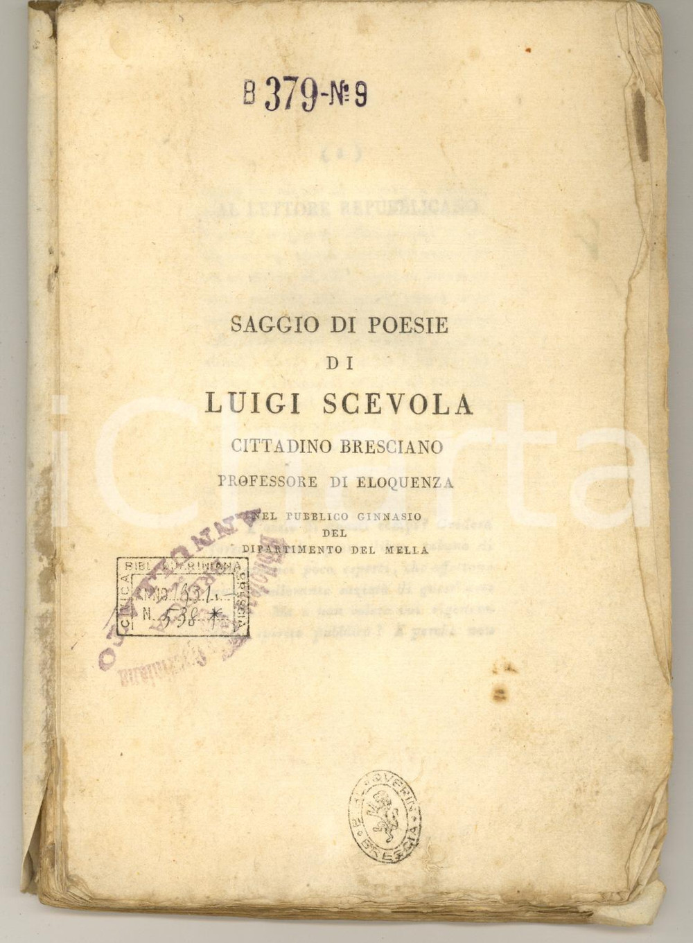 Libro, pubblicazione d epoca 1799 BRESCIA Saggio poesie Luigi SCEVOLA professore eloquenza DANNEGGIATO RARO 1