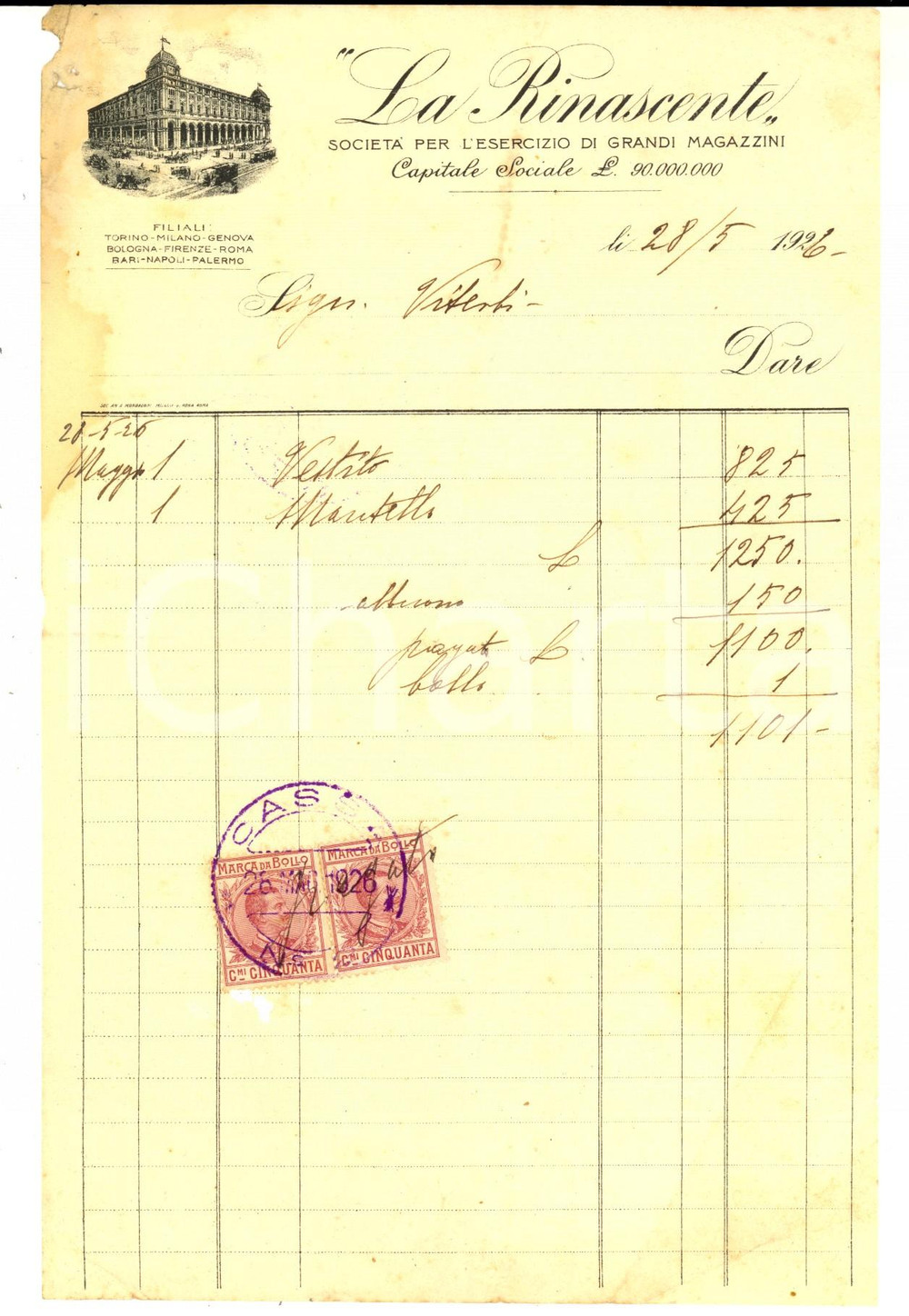 Manoscritto, lettera originale 1926 LA RINASCENTE Grandi Magazzini  Ricevuta per vestito  Carta intestata 1