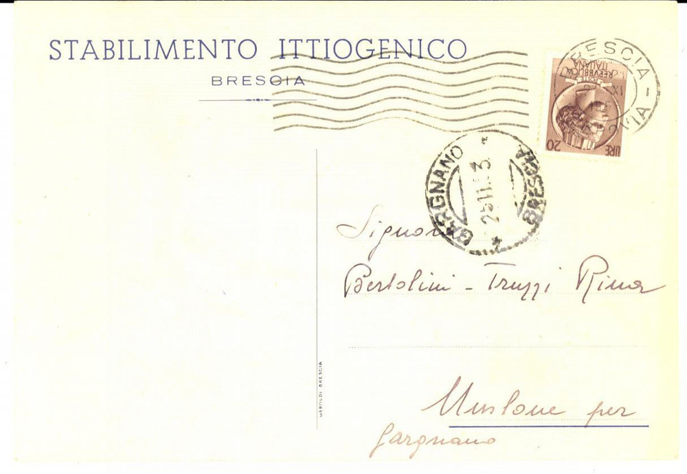 Cartolina originale da collezione 1953 BRESCIA Cartolina postale intestata Stabilimento ITTIOGENICO FG VG 1