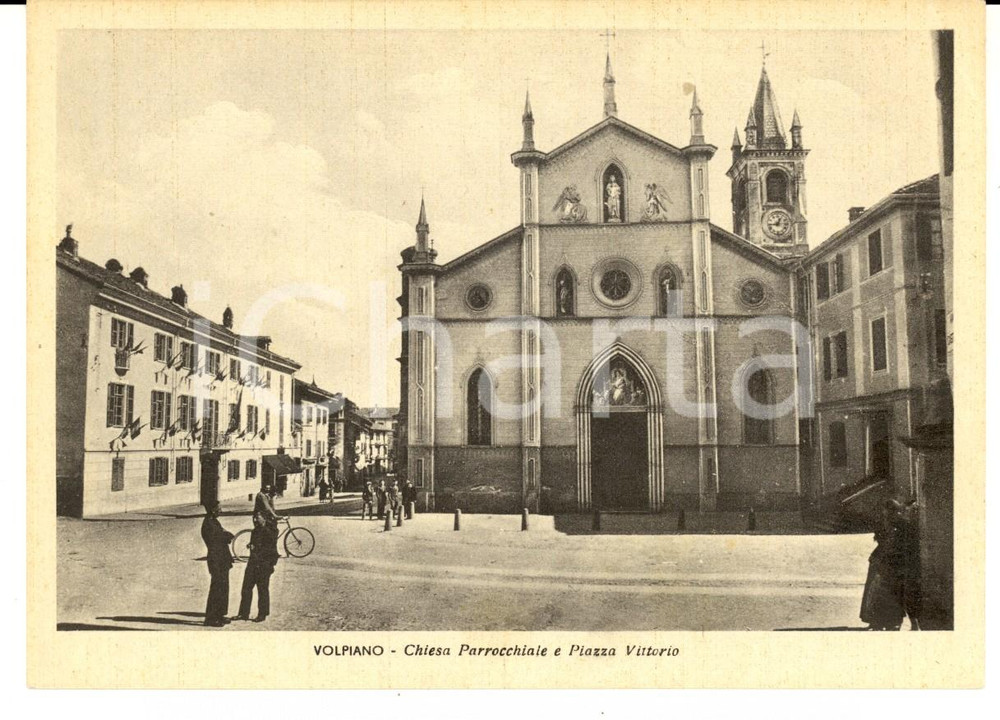 Cartolina originale da collezione 1940 ca VOLPIANO Chiesa Parrocchiale e Piazza Vittorio Cartolina animata FG NV 1