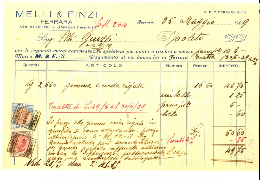 Documento originale, autentico 1929 FERRARA Ditta MELLI & FINZI Fattura per merci spedite con bolli 1