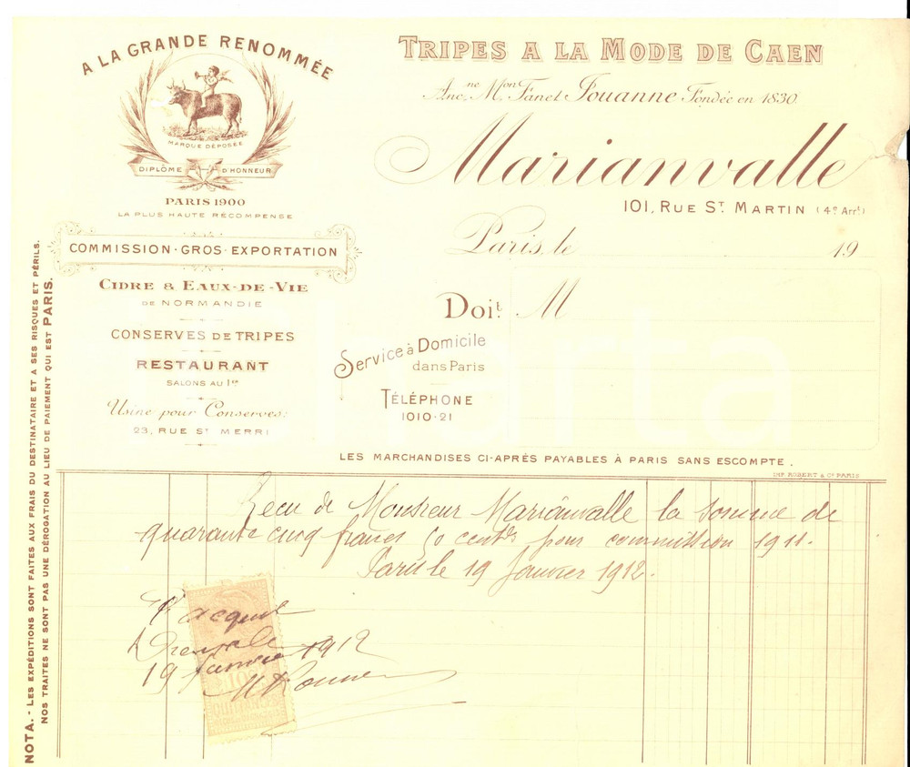 Documento originale, autentico 1912 PARIS France MARIANVALLE Tripes à  la mode de CAEN Restaurant 1