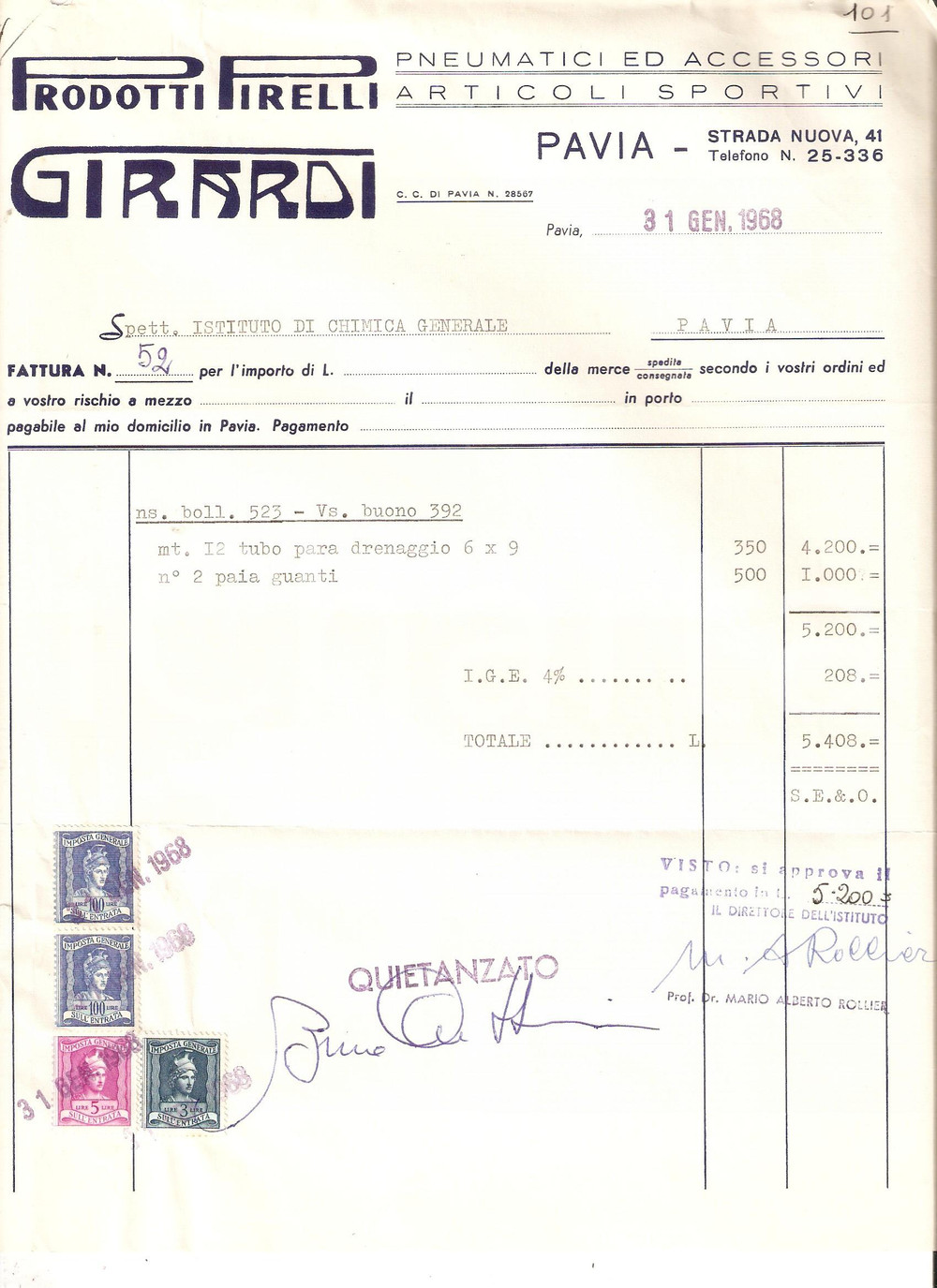 Documento originale, autentico 1968 PAVIA Pneumatici PIRELLI GIRARDI Accessori articoli sportivi *Fattura 1