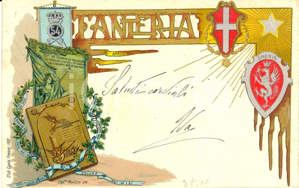 Cartolina originale da collezione 1902 REGIO ESERCITO 54º Reggimento FANTERIA Cartolina ILLUSTRATA FP VG 1