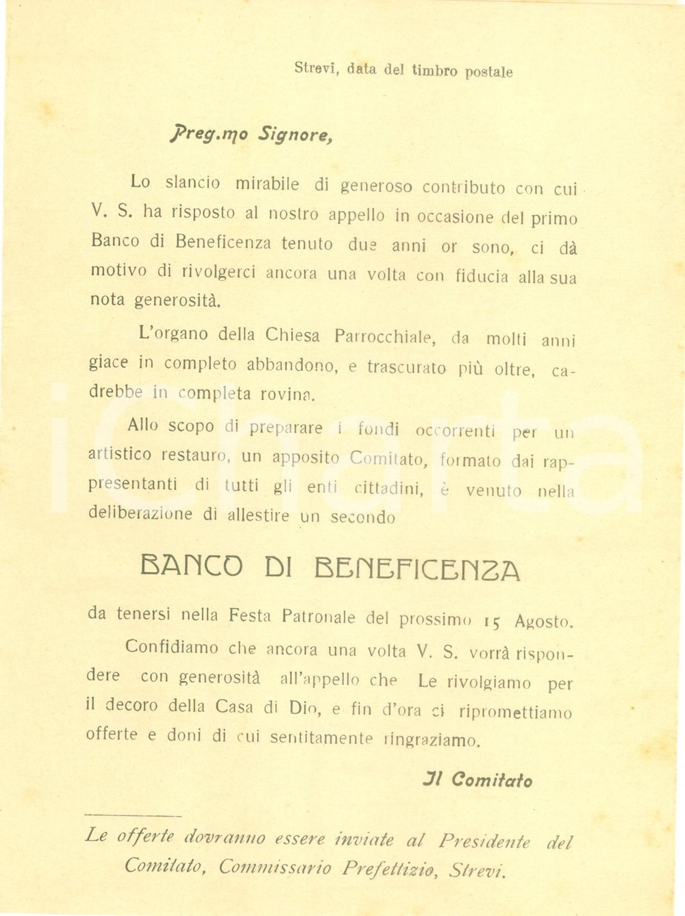 Documento originale, autentico 1900 ca STREVI AL Banco di Beneficenza per riparare organo Chiesa Parrocchiale 1