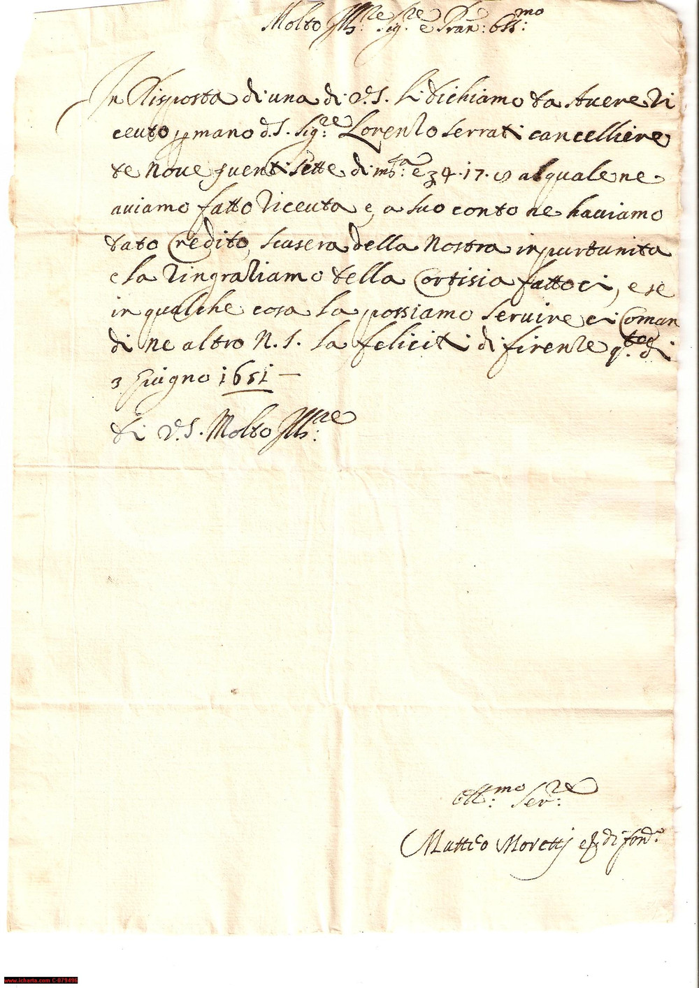 Manoscritto, lettera originale 1651 CASTIGLION FIORENTINO AR Onorario Matteo MORETTI Lettera 1