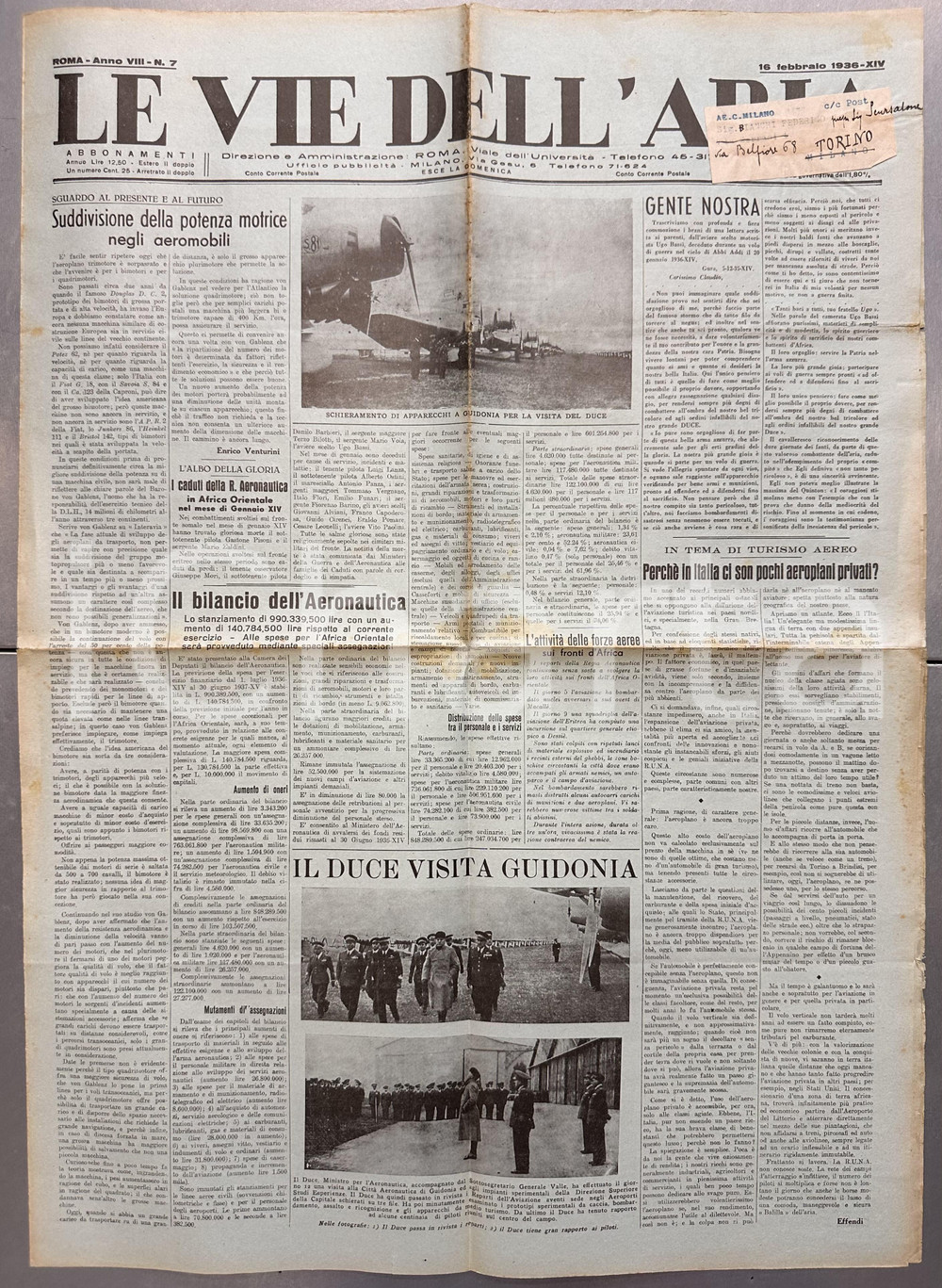 Giornale, rivista storica 1936 LE VIE DELL'ARIA Pochi aeroplani privati in ITALIA Turismo aereo *Giornale 1