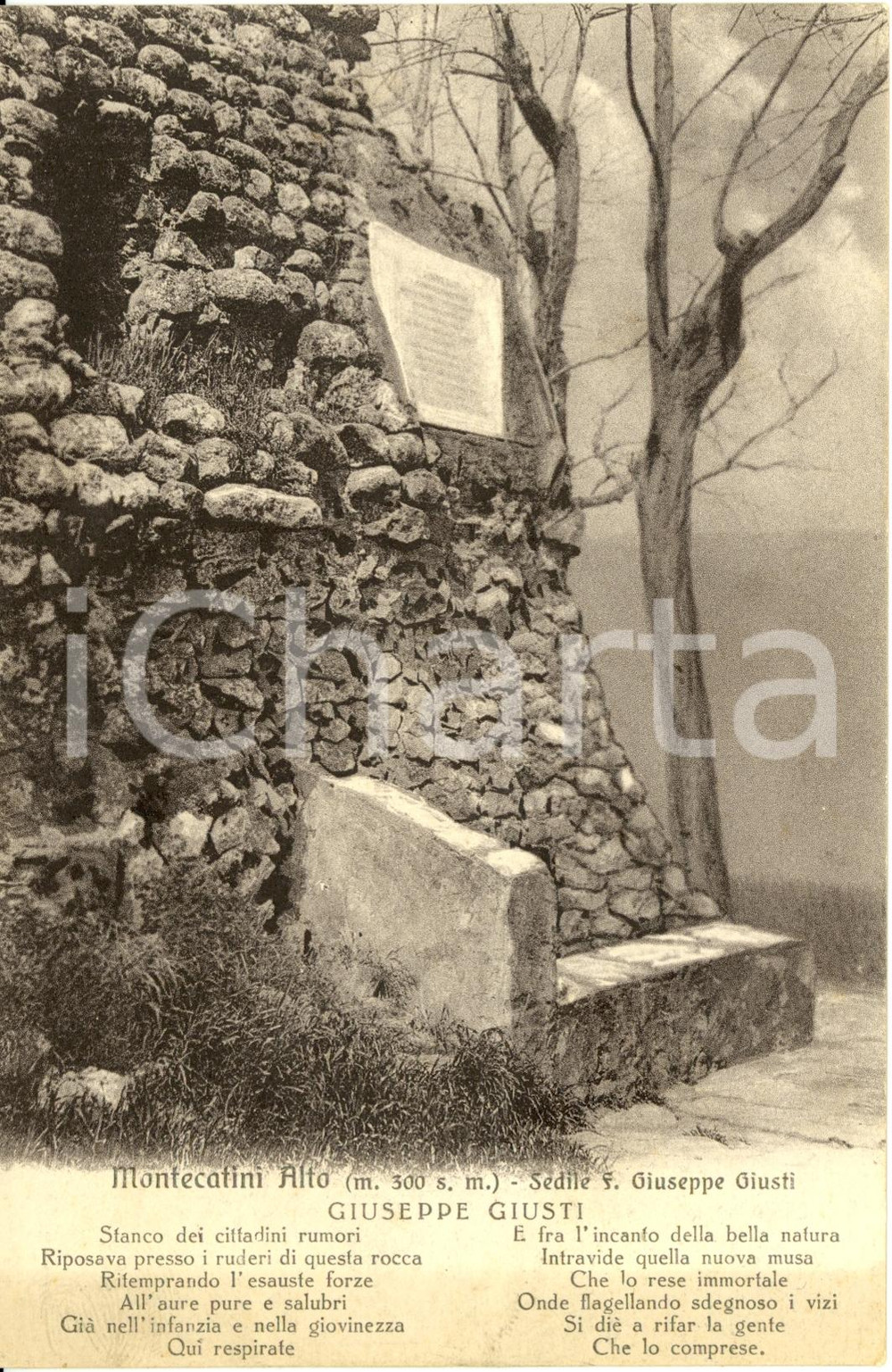 Cartolina originale da collezione 1925 ca MONTECATINI TERME PT Sedile del poeta GIUSEPPE GIUSTI Cartolina FP NV 1