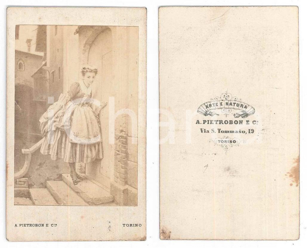 Fotografia d epoca originale 1870 ca TORINO  ARTE  Servetta alla porta Foto di quadro A. PIETROBON CDV 1