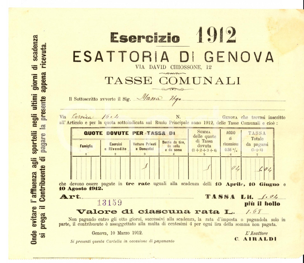 Documento originale, autentico 1912 ESATTORIA DI GENOVA Imposizione su famiglia Ugo MASSA 1