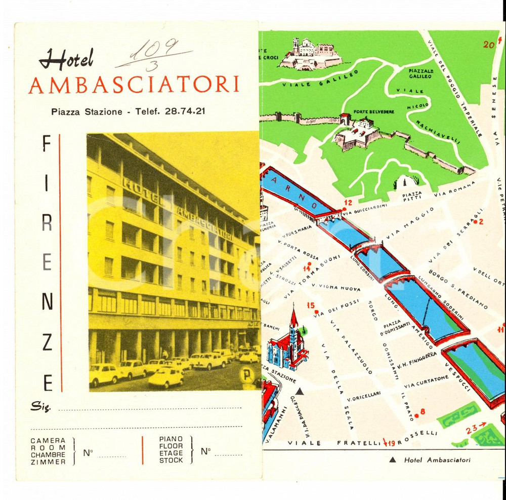 Materiale pubblicitario d’epoca 1960 circa FIRENZE Hotel AMBASCIATORI Pieghevole ILLUSTRATO turistico 1