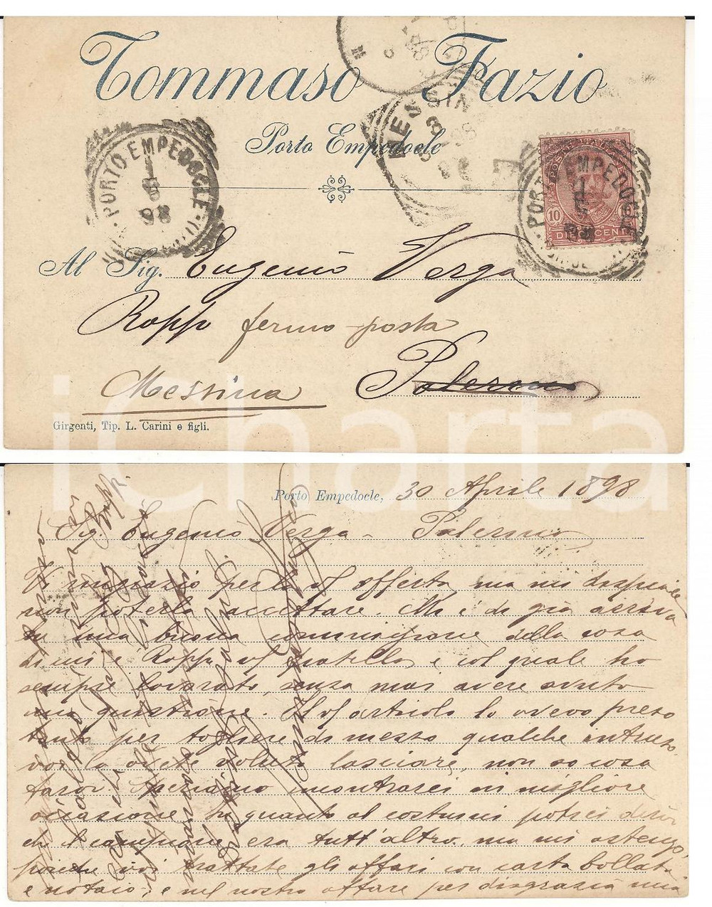 Autografo originale 1908 PORTO EMPEDOCLE (AG) Tommaso FAZIO rifiuta offerta commerciale *Cartolina 1