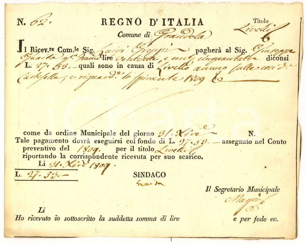 Documento originale, autentico 1809 GRANDOLA CO Livello annuo affittuario Luigi GREPPI 1