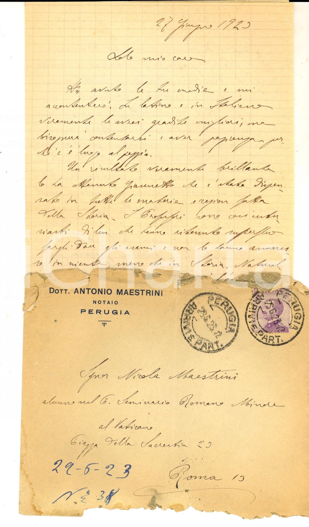 1923 PERUGIA Notaio Antonio MAESTRINI al figlio Nicola alunno seminario Lettera del notaio Maestrini al figlio Nicola, futuro sacerdote missionario, all'epoca in cui era giovane alunno del Seminario Romano Minore del Vaticano.CONDIZIONI: FAIR    originale e autentica 1