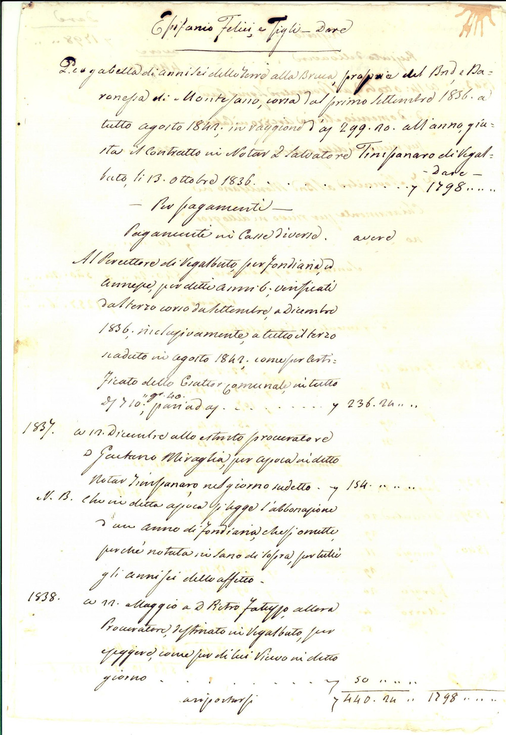 Documento originale, autentico 1836 REGALBUTO EN Pagamenti e cassa del gabellotto Epifanio FELICI e figli 1