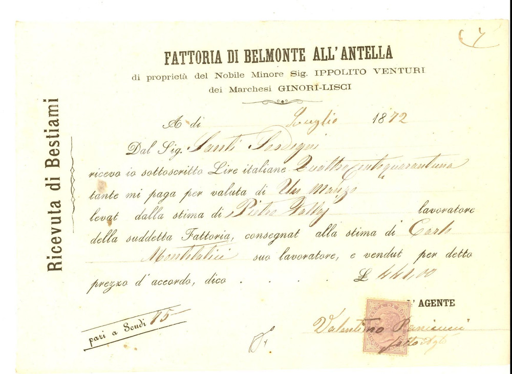 Documento originale, autentico 1872 BAGNO A RIPOLI Fattoria BELMONTE ALL ANTELLA Ippolito VENTURI GINORILISCI 1