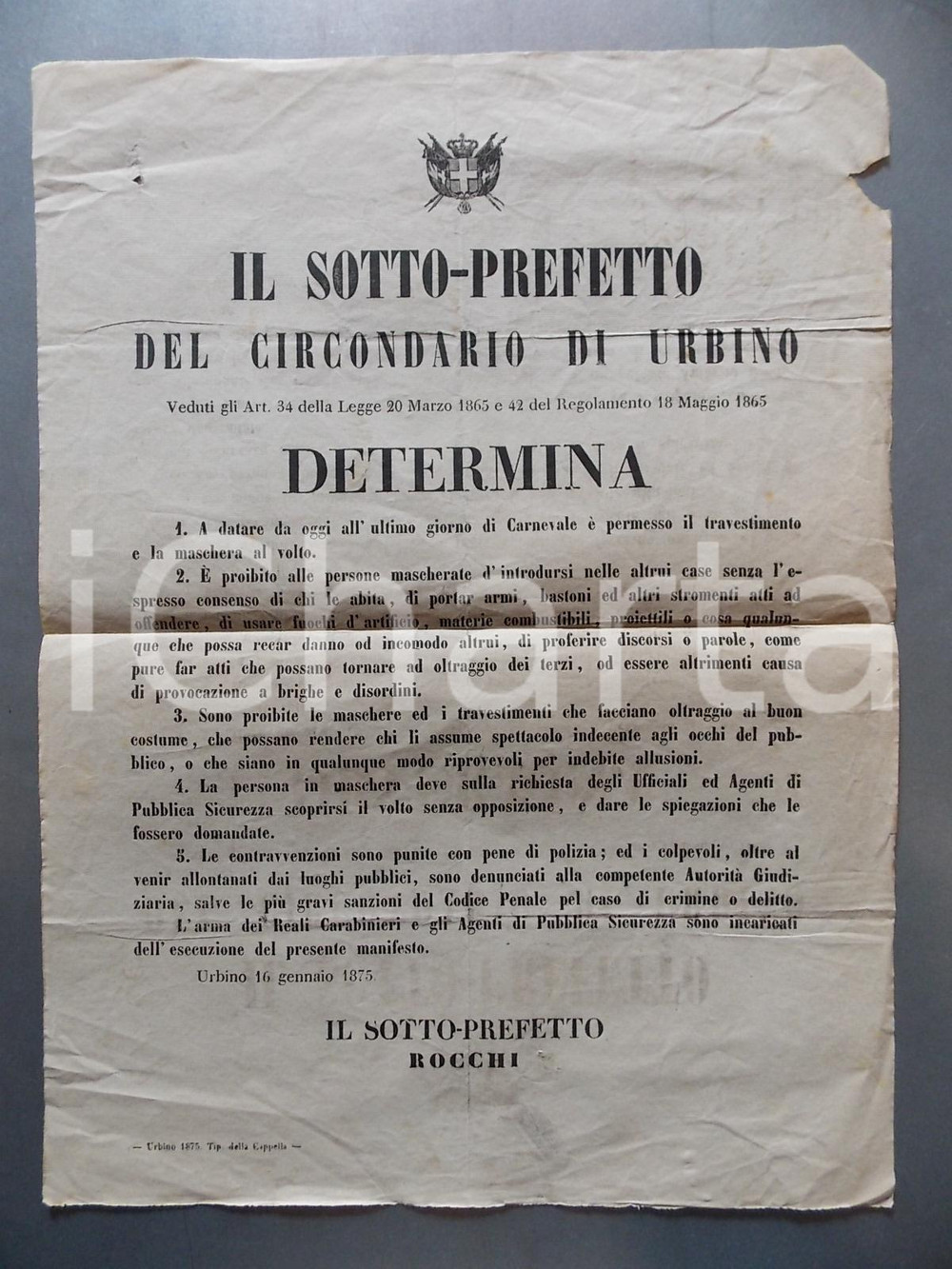 Documento originale, autentico 1875 URBINO Divieti su maschere e travestimenti CARNEVALE Manifesto 30 x 42 cm 1