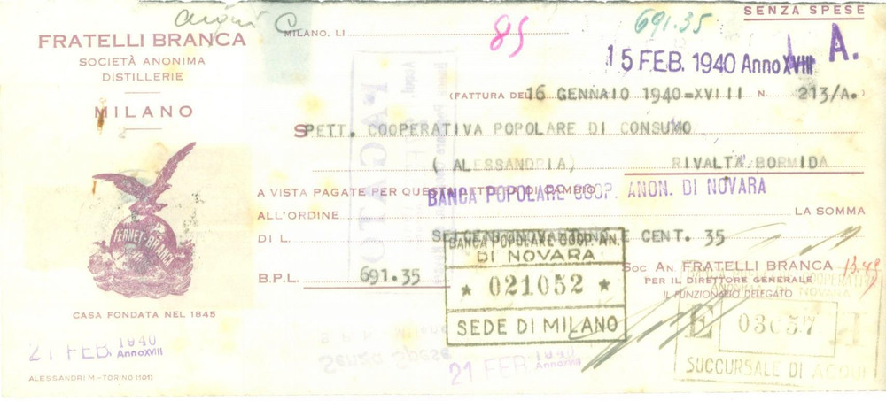 Documento originale, autentico 1940 MILANO Fratelli BRANCA societÃ  anonima distillerie Cambiale pubblicitaria 1