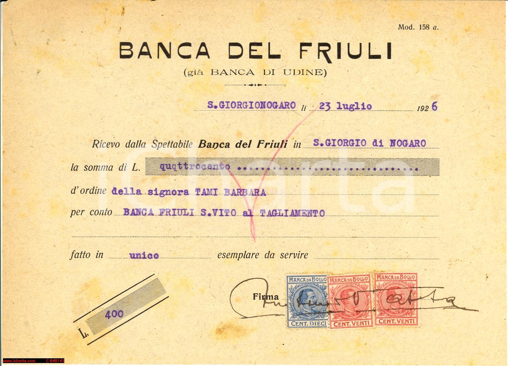Documento originale, autentico 1926 S. GIORGIO AL NOGARO UD ordine BANCA del FRIULI 1