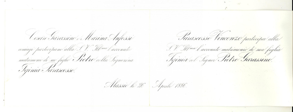 Oggetto da collezione cartaceo 1886 ALASSIO SV Nozze Iginia PARASCOSSO  Pietro GARASSINO Partecipazione 1