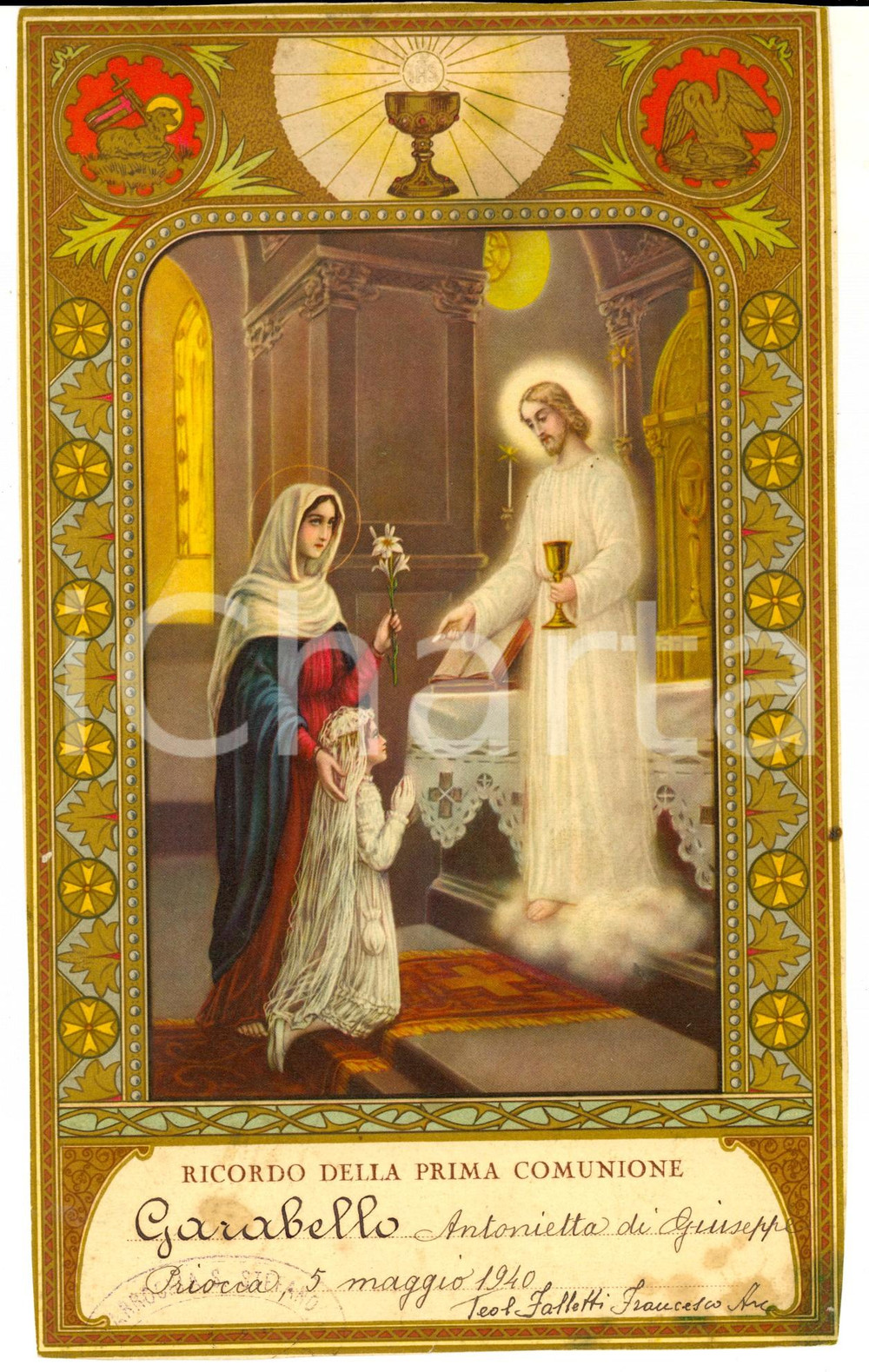 Documento originale, autentico 1940 PRIOCCA Ricordo della Prima Comunione  Antonietta GARABELLO 16x25 cm 1