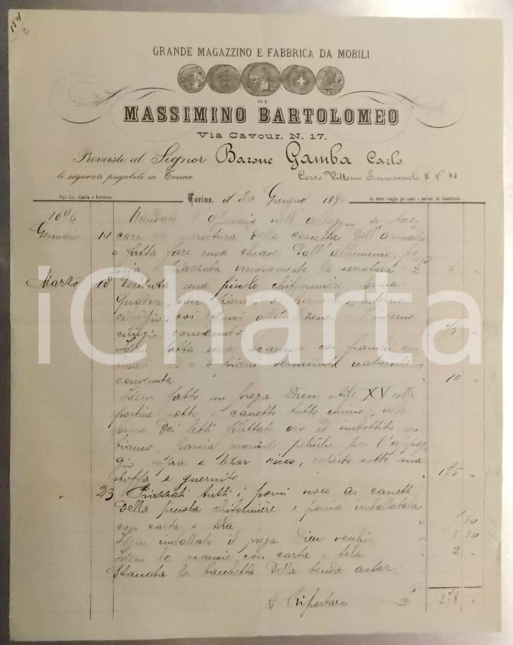 1896 TORINO Via Cavour - Massimino BARTOLOMEO Fabbrica di mobili *Fattura Fattura su carta intestata, con marca da bollo.CONDIZIONI: FAIR (piegature d'epoca)FORMATO: 23x28 cmPAGINE: 4 (di cui una bianca)      originale e autentica 1