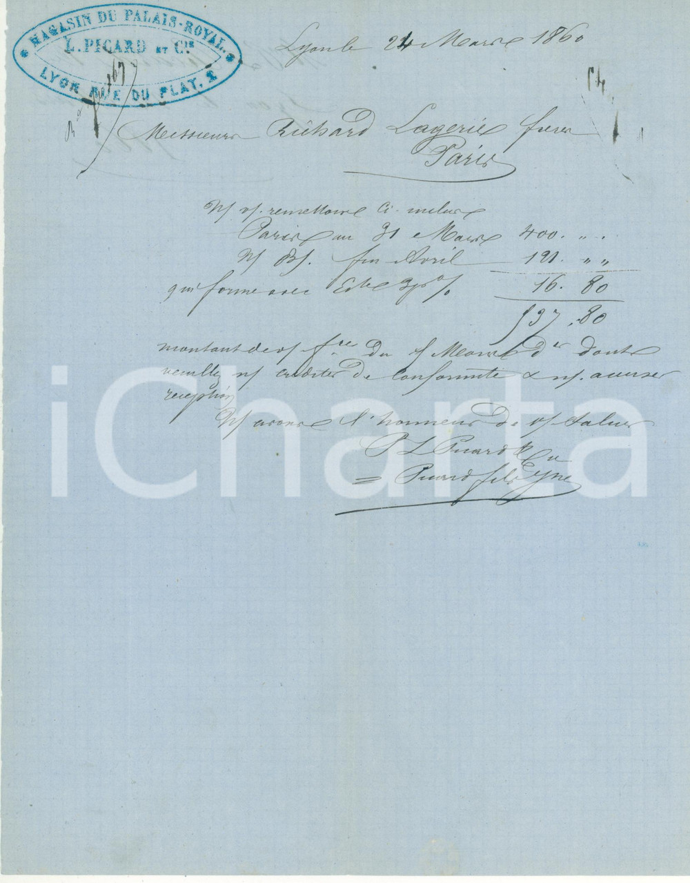 Documento originale, autentico 1860 LYON F Magasins du PALAISROYAL Etoffes L. PICARD Lettre 1