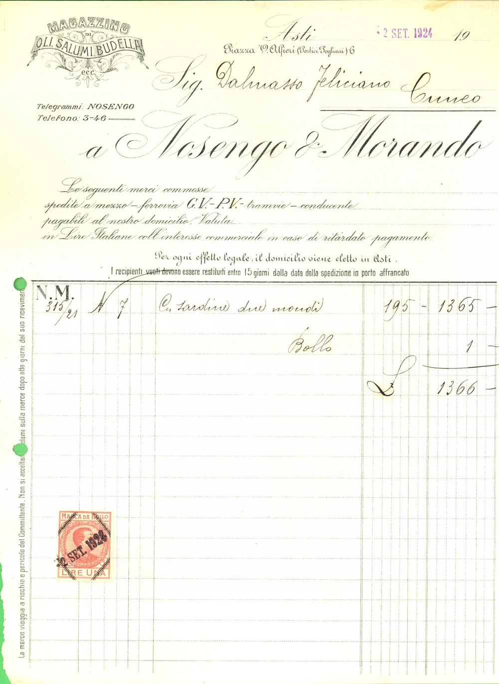 Documento originale, autentico 1924 ASTI Magazzino NOSENGO & MORANDO Oli, salumi e budella *Fattura intestata 1