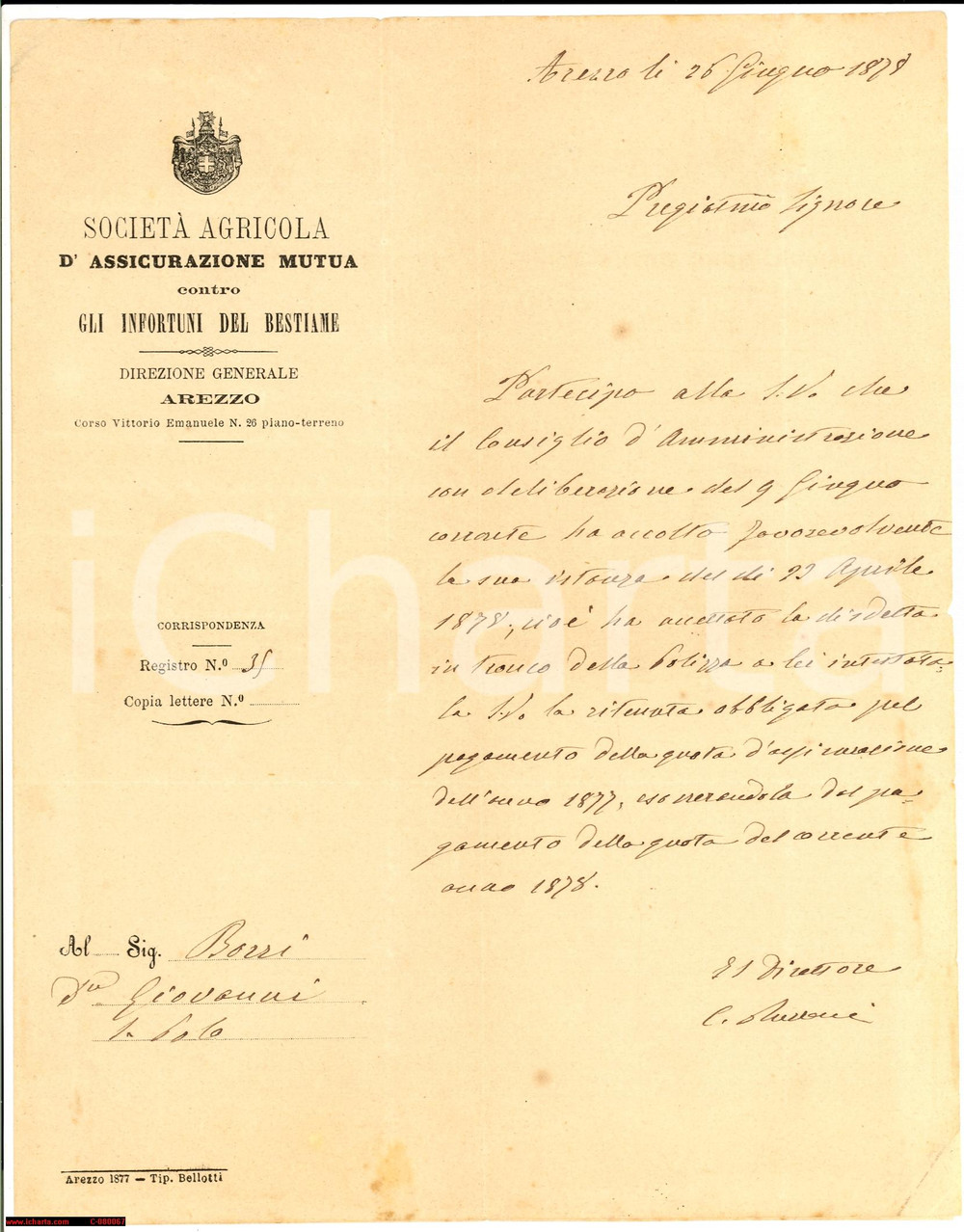 Documento originale, autentico 1878 SAN POLO AR Giovanni BORRI infortuni bestiame 1