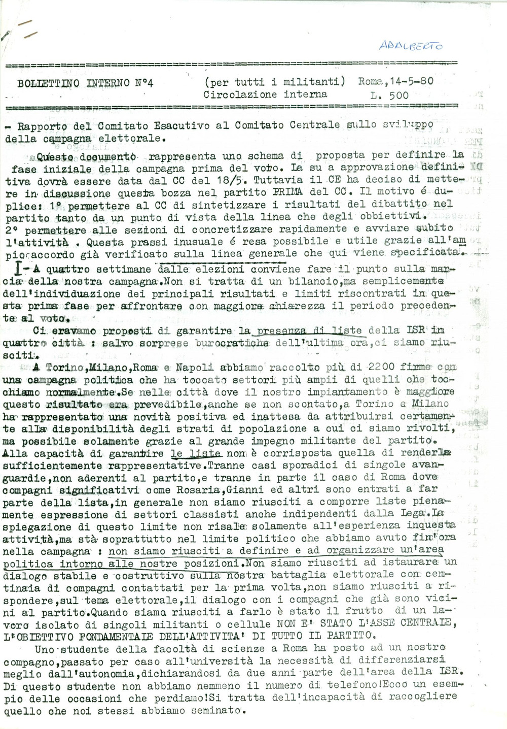 Oggetto da collezione cartaceo 1980 LEGA SOCIALISTA RIVOLUZIONARIA Sinistra ha fallito contro la DC Ciclostile 1