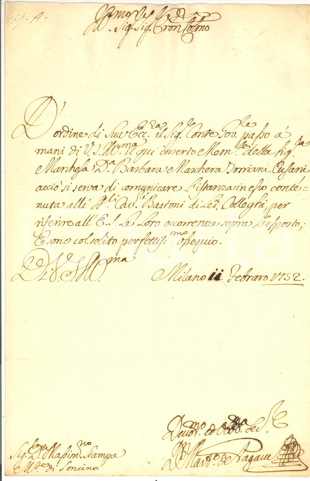 Manoscritto, lettera originale 1752 MILANO Invio memoriale Barbara TORRIANI CUSANI 1