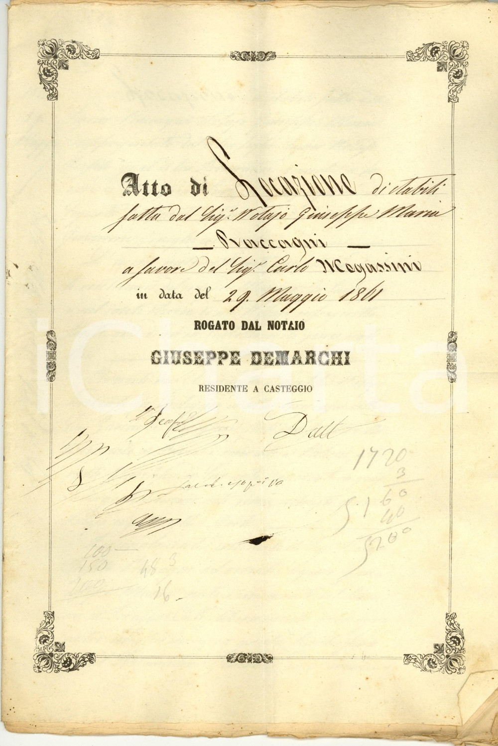 Documento originale, autentico 1861 CODEVILLA (PV) Locazione di stabili per Carlo MAGASSINI *Manoscritto 1