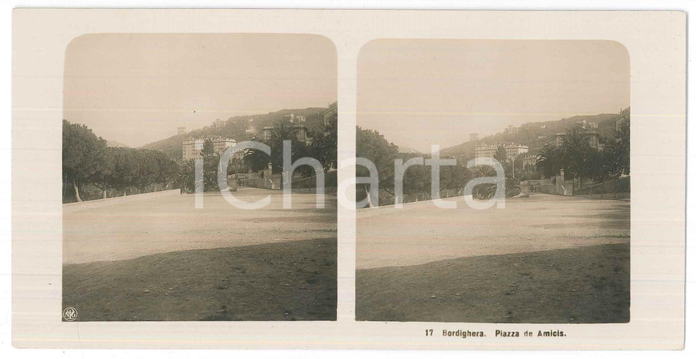 1905 ca BORDIGHERA Piazza DE AMICIS *Foto stereoscopica 17 Fotografia stereoscopica d'epoca.  GOOD/buono  Formato: 18x9 cm originale e autentica 1