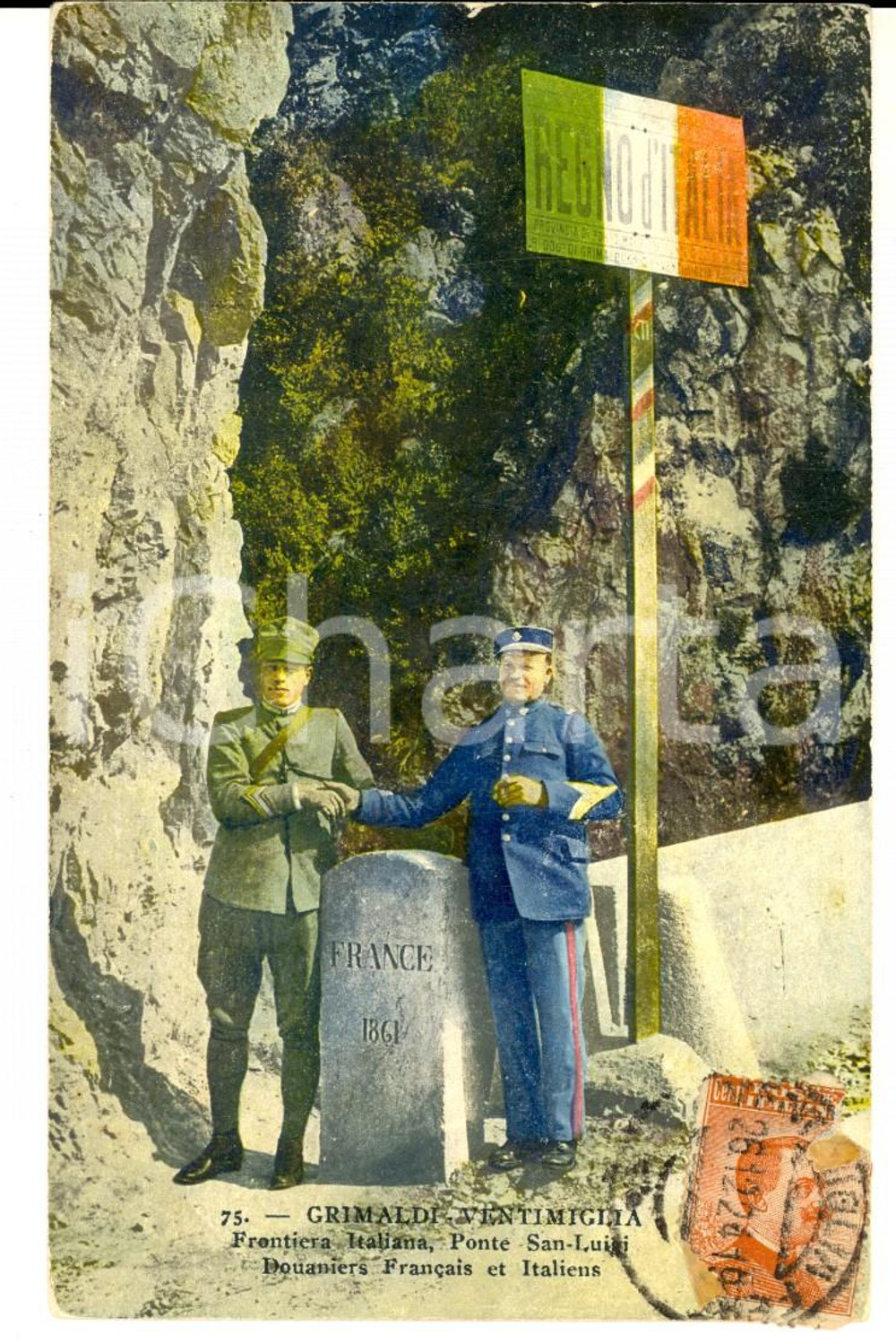 Cartolina originale da collezione 1924 VENTIMIGLIA GRIMALDI Frontiera Ponte SAN LUIGI Doganieri si danno la mano 1
