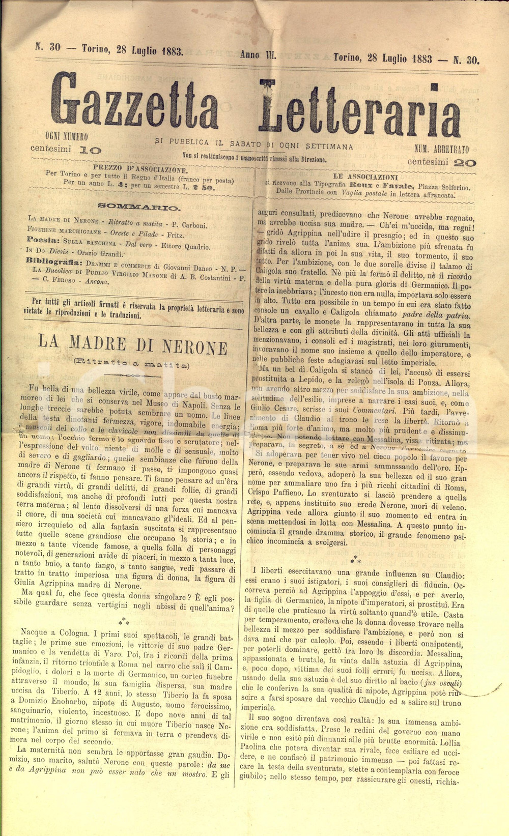Giornale, rivista storica 1883 TORINO GAZZETTA LETTERARIA Figurine marchigiane  Oreste e Pilade Rivista 1